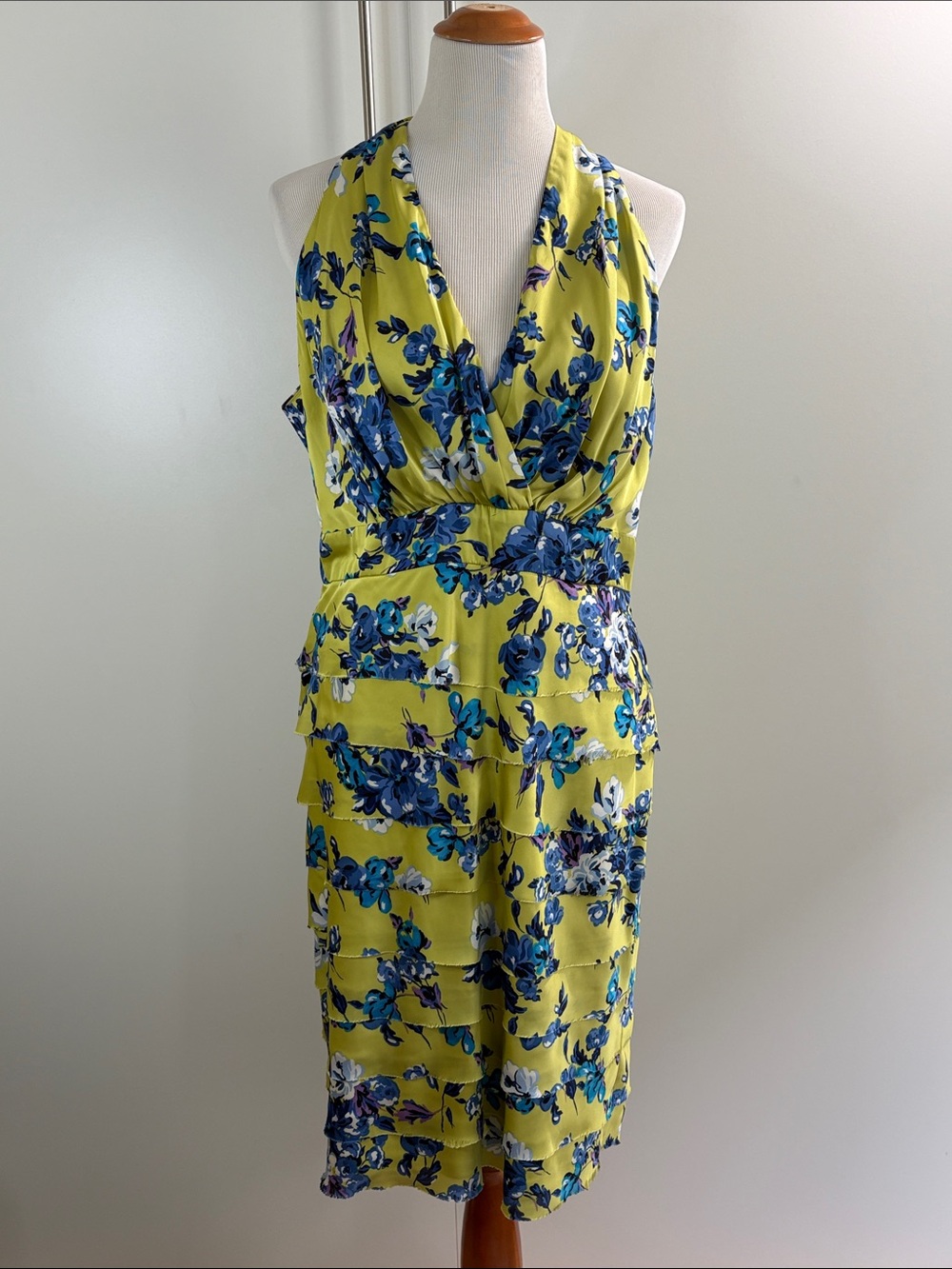 Evan Picone Spring/Summer Floral Yellow & Blue Halter Dress With Flat Ruffle |16
